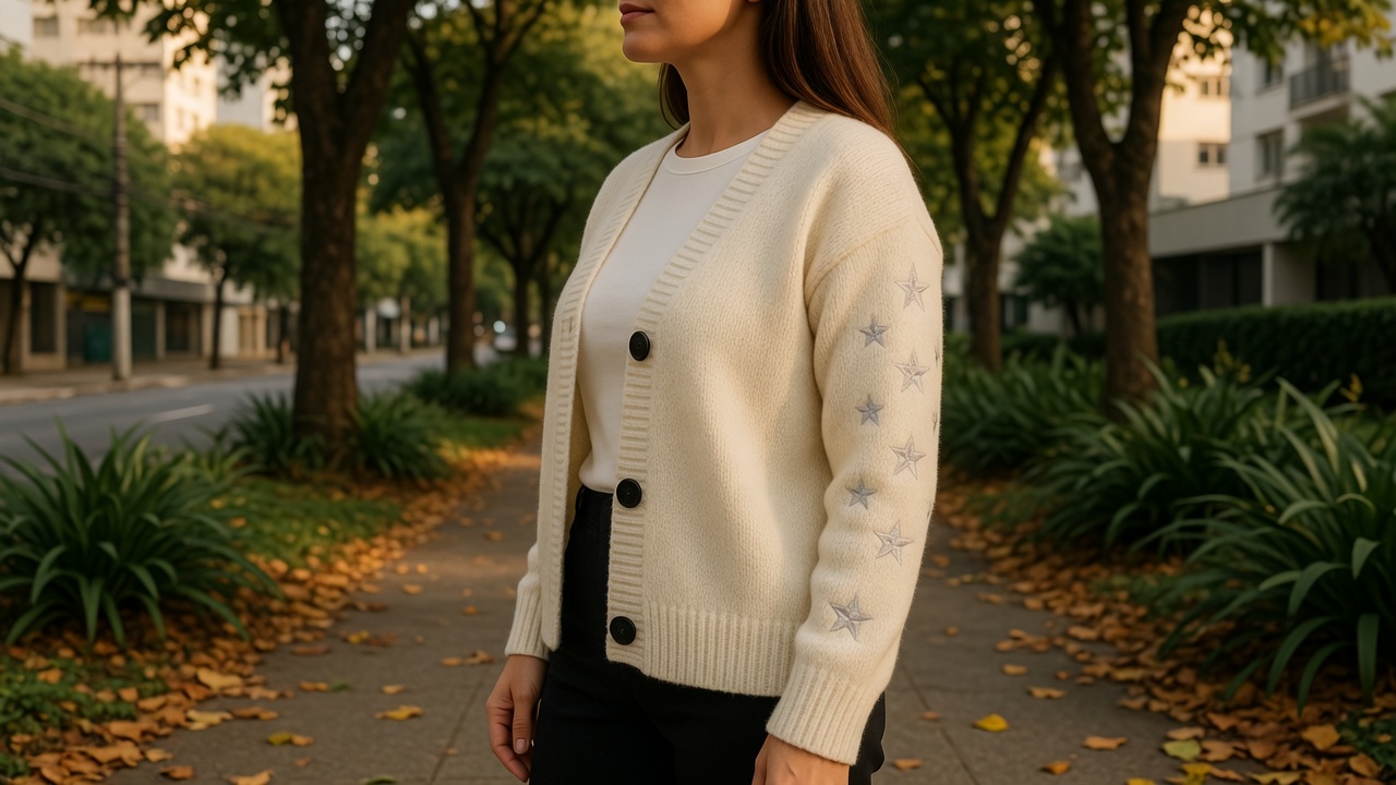 Look com cardigan Folklore para o inverno brasileiro
